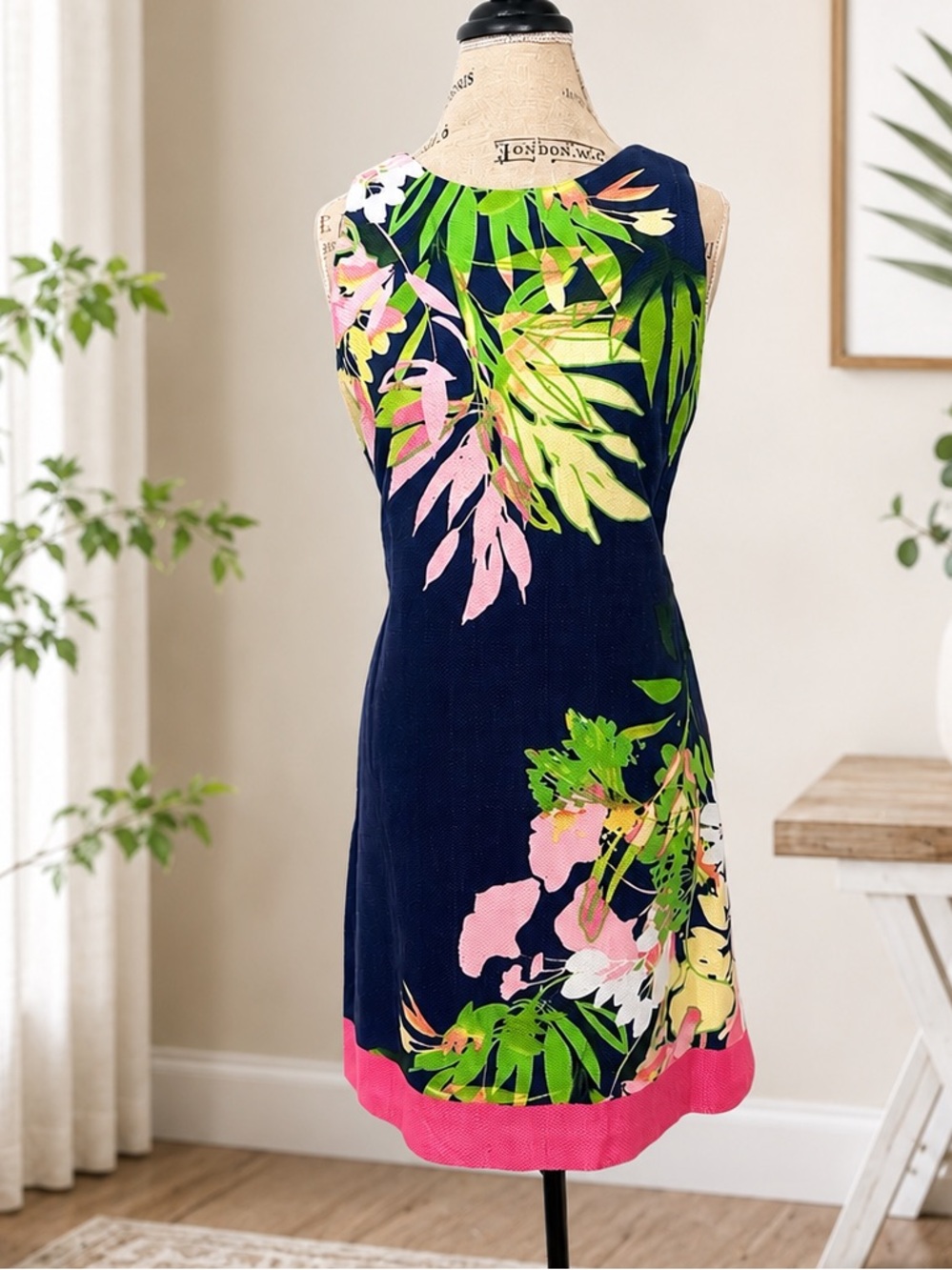 Taylor Tropical Floral Sleeveless Shift Dress Size 10 Navy Pink Cotton Stretch